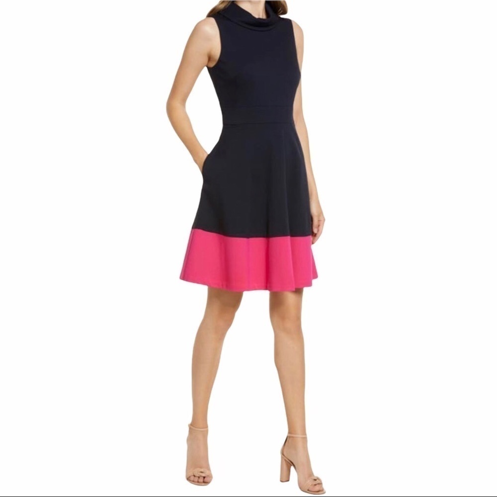 Eliza J Fit & Flare Dress Sleeveless Colorblock Size 4 Navy Blue Pink